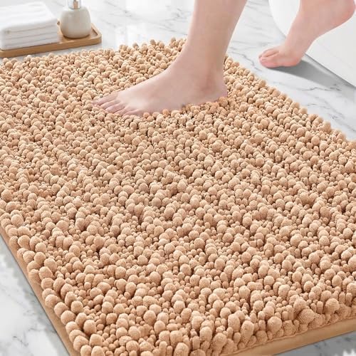 Bathroom Rugs Non Slip Washable, Extra Thick Soft Chenille Absorbent Bath Mat, High Density Barrier Non Slip Backing, Quick Dry Plush Shaggy Floor Carpet for Tub&Shower 24x17, Beige