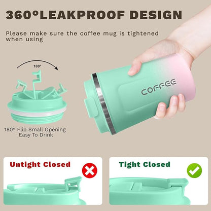 SPLMIFA Travel Coffee Mug Leak-Proof, Reusable Coffee Cups with Lids, Stainless Steel Vacuum Insulated Coffee Tumblers, Thermal Insulation Cup for Men and Women Hot & Cold Drinks(2nd-Green Pink, 17OZ)