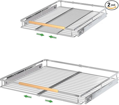 Expandable Pull Out Drawer Cabinet Organizers, Heavy Duty Slide Out Storage Shelf for Home Kitchen Pantry Cupboard Pots Pans, Adjustable Width from 17.2"~28.1", Stainless Steel 2 Pack