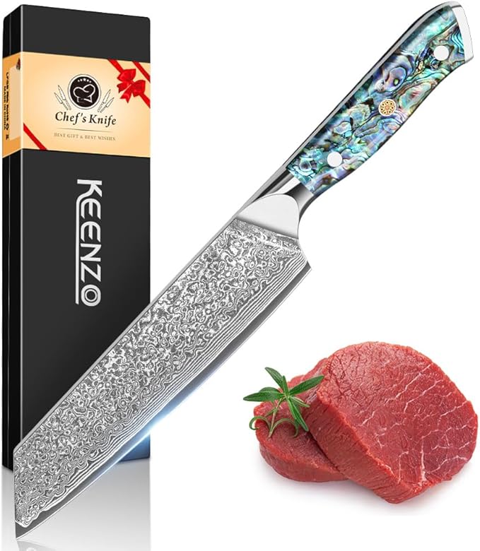 KEENZO Damascus Kiritsuke Knife 8 inch, Professional Chef Knife, Sharp Hand-Forged Kitchen Knives,Japanese 67-Layers Damascus Steel Cooking Knife,Ergonomic Abalone Shell Ressin Handle with Gift Box