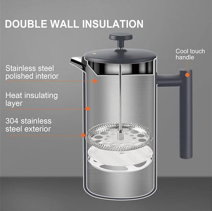 Secura French Press Coffee Maker, 304 Grade Stainless Steel Insulated Coffee Press with 2 Extra Screens, 34oz (1 Litre), Grey