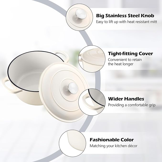 TeamFar 6Qt Dutch Oven, Enameled Cast Iron Dutch Oven Pot with Lid & Dual Handles for Bread Baking, Cooking, Simmer, Non Toxic & Heavy Duty, Oven Safe & Various Stovetops Suitable - Cream White