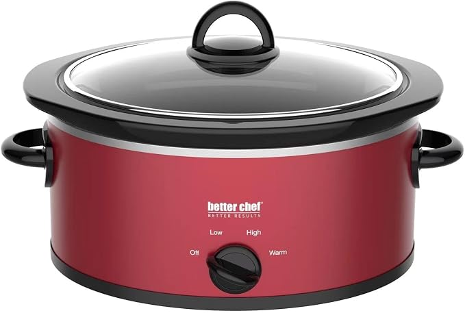 Better Chef Oval Slow Cooker | 3-Quart | 3-Tempature Settings | Side Handles | Glass Lid | Enamel Stoneware Insert (Red)