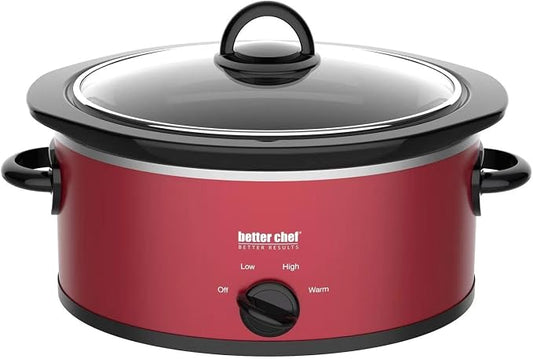 Better Chef Oval Slow Cooker | 3-Quart | 3-Tempature Settings | Side Handles | Glass Lid | Enamel Stoneware Insert (Red)