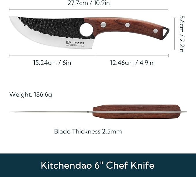 KITCHENDAO Chef Knife 6 Inch Super Sharp Viking Knife with Finger Hole Full Tang Kitchen Knife with Ergonomic Rosewood Handle for Slicing, Deboning and Cutting, Gift Box for Family and Friends