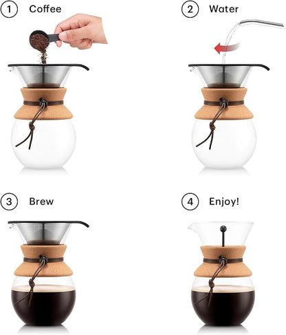 Bodum 34oz Pour Over Coffee Maker, High-Heat Borosilicate Glass with Reusable Stainless Steel Filter and Cork Grip - Made in Portugal