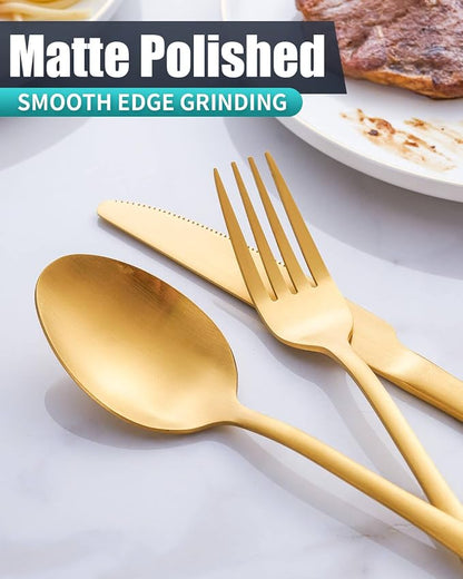 Matte Gold Silverware Set with Steak Knives,Stainless Steel Flatware Set for 6,Modern Cutlery Utensils Set,Spoons and Forks Set for Restaurant,Dishwasher Safe (Gold, 36 Piece Set)