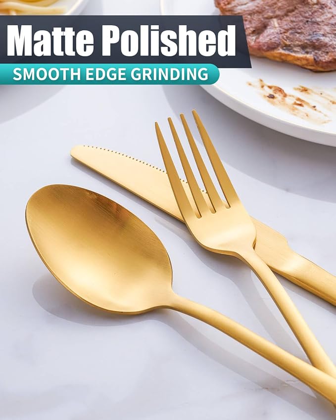Matte Gold Silverware Set with Steak Knives,Stainless Steel Flatware Set for 6,Modern Cutlery Utensils Set,Spoons and Forks Set for Restaurant,Dishwasher Safe (Gold, 24 Piece Set)