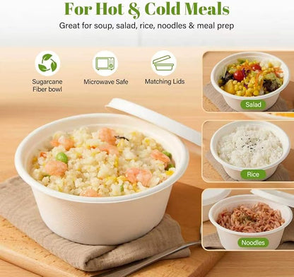 29 oz Disposable Bagasse Bowls with Lids, 50 Pack Compostable Soup Bowls with Lids, Sugarcane Fiber Food Containers, Enhanced Coating, Oil & Moisture Resistant, Microwave Safe for Takeout & Meal Prep