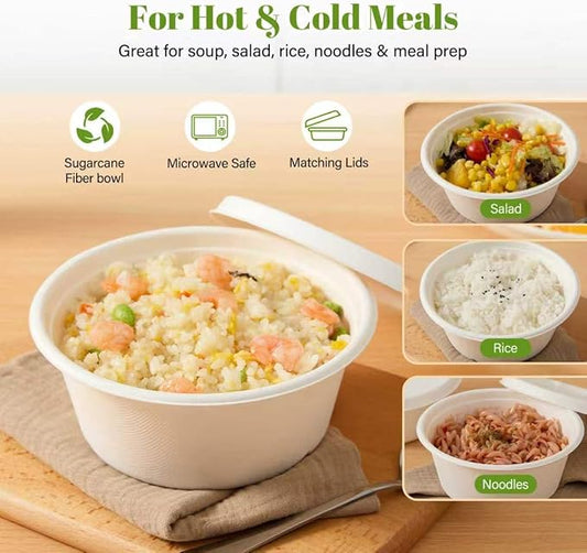 29 oz Disposable Bagasse Bowls with Lids, 50 Pack Compostable Soup Bowls with Lids, Sugarcane Fiber Food Containers, Enhanced Coating, Oil & Moisture Resistant, Microwave Safe for Takeout & Meal Prep