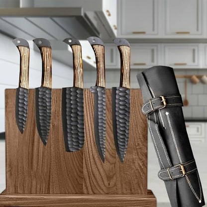 LEONA CRAFT® Hand-Forged Chef Knife Set | Hammered Steel Kitchen Knives with Full-Tang Wood Handles | Professional Cooking Tools for Home or Restaurant | 5-Piece Set with Leather Roll(017)