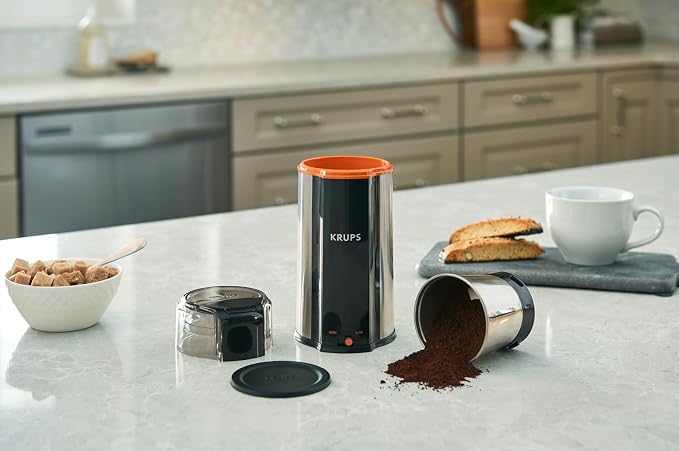 KRUPS: 3oz Coffee Grinder, Ultimate Silent Vortex Plastic and Stainless Steel Grinder with Removable Bowl Mess-Free, 8 Times Quieter, 2 Speeds 240 Watts,Dry Herbs,Dishwasher Safe,12 cups ground Silver