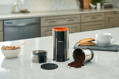 KRUPS: 3oz Coffee Grinder, Ultimate Silent Vortex Plastic and Stainless Steel Grinder with Removable Bowl Mess-Free, 8 Times Quieter, 2 Speeds 240 Watts,Dry Herbs,Dishwasher Safe,12 cups ground Silver