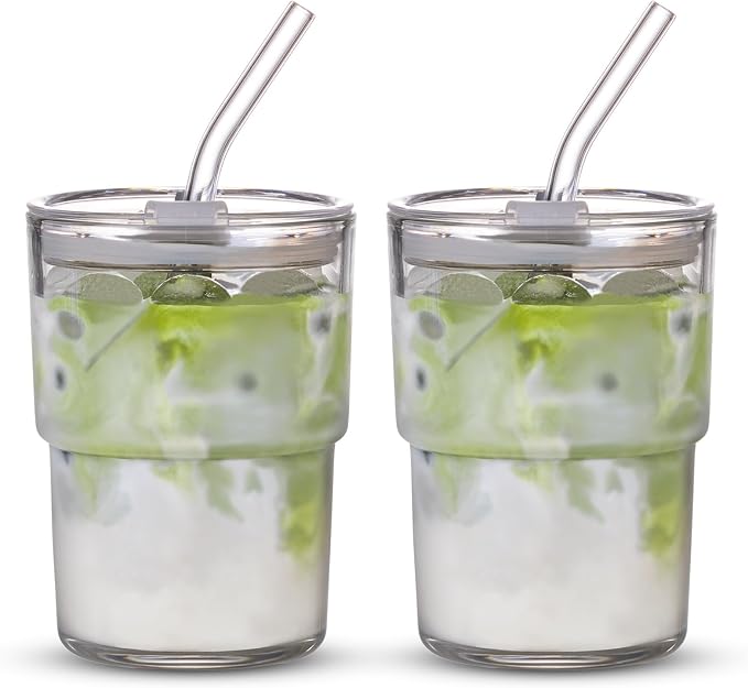 BLUEPOLAR 13oz/400ml Tumbler Water Glass, Cups with Straw and Lid Sealed Carry on for Coffee, Iced Tea, Thick Wall Insulated Glass Cup (white,2pack)