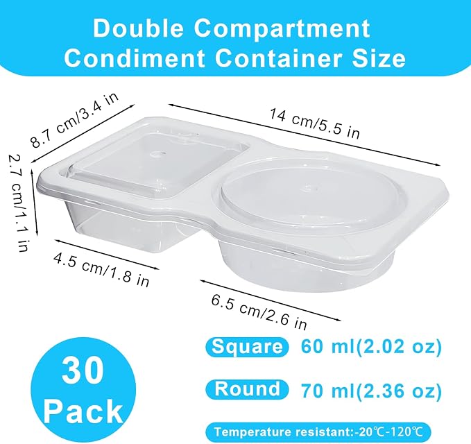 Pure Future 30-Pack Reusable Double Compartment Snack Containers with Lids - Bulk Value Meal Prep Bento Boxes for Kids School Lunch, Fruit & Dips, BPA-Free