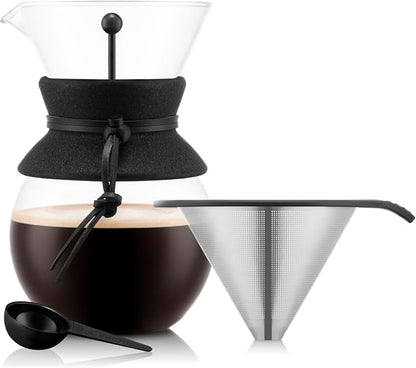 Bodum 34oz Pour Over Coffee Maker, High-Heat Borosilicate Glass with Reusable Stainless Steel Filter and Black Cork Grip - Made in Portugal