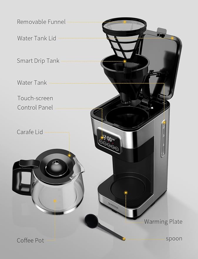 SHARDOR 10-Cup Programmable Coffee Maker, Regular & Strong Brew Drip Coffee Machine for Home and Office, Auto Shut Off, Permanent Filter, Silver