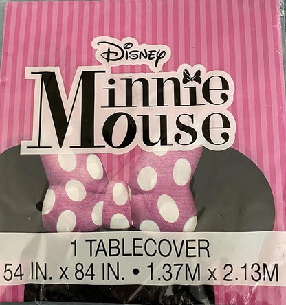 Unique Disney Minnie Mouse Birthday Party Supplies Bundle includes 16 Large Shaped Minnie Head Party Paper Plates 9 3/4" and 1 Plastic Table Cover 54" x 84"
