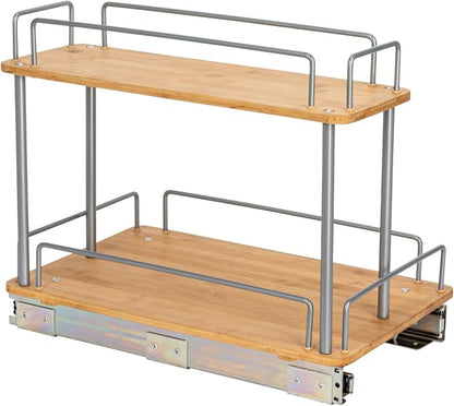 Household Essentials Bamboo and Silver Iron Two-Tier Slide-Out Organizer