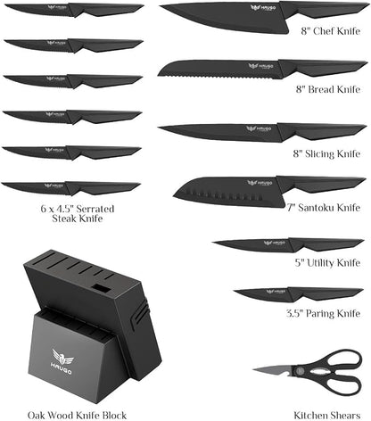 Kitchen Knife Set with Block: 15-Piece High Carbon Stainless Steel Professional Knives - Comfortable Grip Reduces Hand Fatigue 30% - Dishwasher Safe and Sharpener - Black Knife Set for Cooking