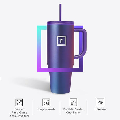 IRON °FLASK Co-Pilot Insulated Mug w/Straw & Flip Cap Lids - Cup Holder Bottle for Hot, Cold Drink - Leak-Proof - Water, Coffee Portable Travel Mug - Midnight Black, 40 Oz