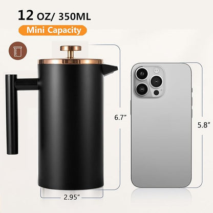 Small French Press Coffee Maker 350ml/12oz, Black Stainless Steel Double-Wall Insulated, Included 2 Extra Filters and 1 Coffee Spoon (1 Cup)