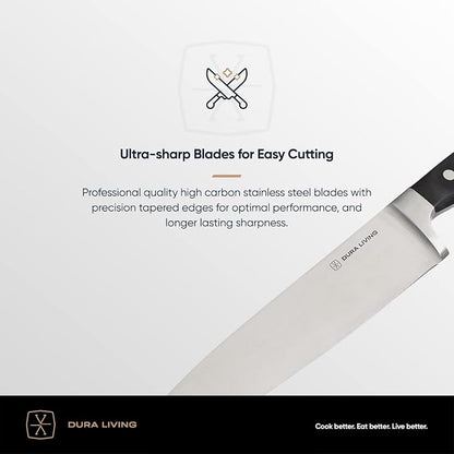 DURA LIVING 8 Inch Professional Chef Knife – High Carbon Stainless Steel, Razor-Sharp, Versatile Cooking & Cutting Kitchen Knife, Ergonomic Handle, Sleek Black Design