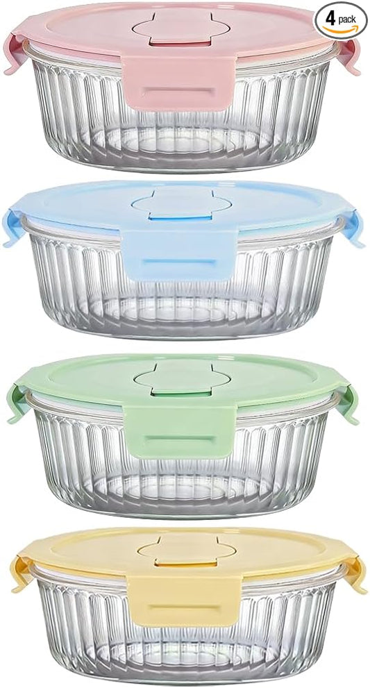 12oz Round Glass Food Storage Containers with Lids and Foldable Cutlery, 1.5 cup Round Glass Lunch Containers, Small Food Bowls for Office, School, Outdoor, Microwave, Freezer Safe -4 Pack
