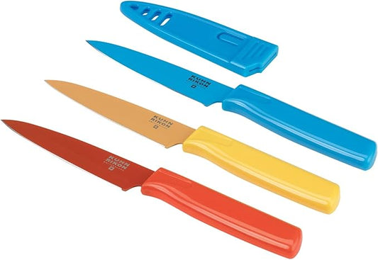 Kuhn Rikon Straight Paring Knife with Safety Sheath, 4 inch/10.16 cm Blade, Red, Yellow & Blue (Pack of 1) | Protective Sheaths, Japanese Stainless Steel, Fruit and Vegetable Knives