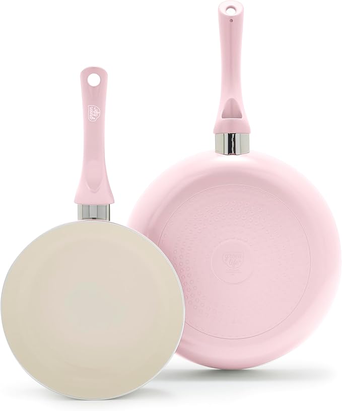 GreenLife 2-Piece Nonstick Frying Pan Set, 8” & 10” Skillets, Non-Toxic Ceramic Cookware, Dishwasher Safe, Stay-Cool Handles, Induction Ready, Fast Heating, Omelet Pan, PFAS Free, Blush Pink