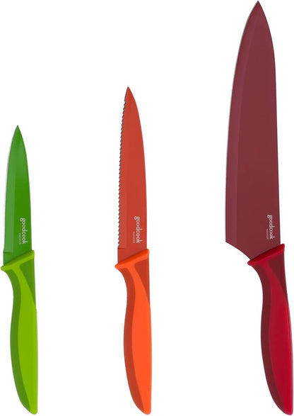 GoodCook Knife Set High Carbon Stainless Steel Kitchen Knives with Nonstick Finish Slip Resistant Grips and Protective Sheaths, Set Includes Paring Utility and Chef's Knives, 3-Piece Set, Multicolor