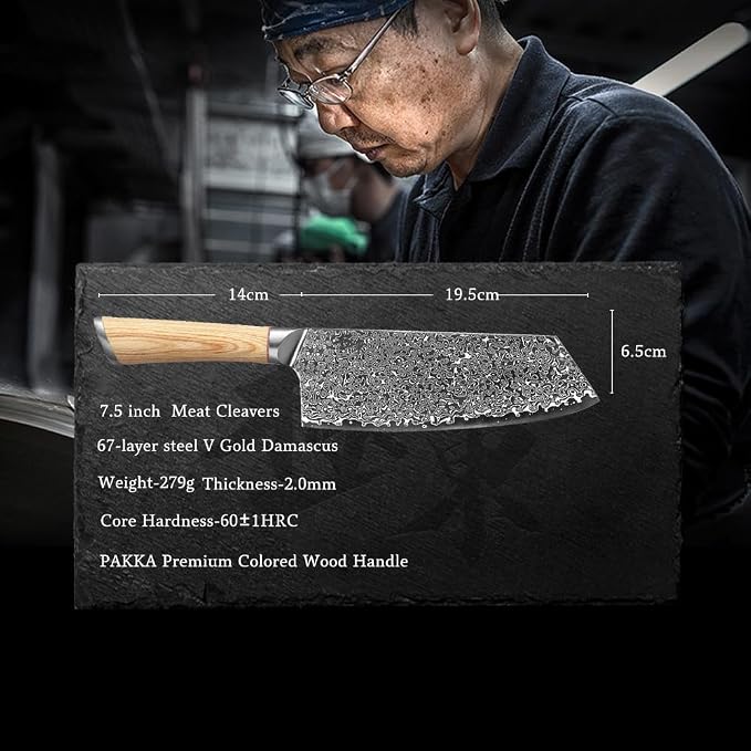 DONGSUN 7.5 Inch Damascus Taiwanese Cleaver with North American Black Walnut Sheath, 67-Layer VG10 Forged Steel Wide Blade Kitchen Knife, Professional Durable Sharpness