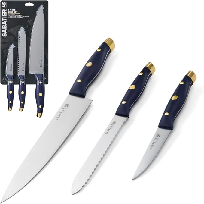 Sabatier 3-Piece Chef Set - 8" Chef Knife, 5.5" Serrated Utility Knife, 3.5" Paring Knife, Protective Blade Tip - Kitchen Cooking Essentials with High-Carbon Stainless Steel Blades & Durable Handle
