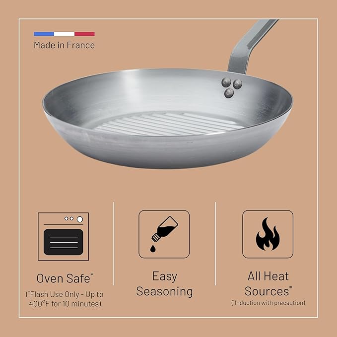 de Buyer MINERAL B Carbon Steel Grill Pan - 10.25” Diameter - Ideal for Grilling & Browning Meat - Naturally Non-Stick Finish - Made in France