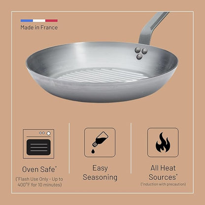 de Buyer MINERAL B Carbon Steel Grill Pan - 12.5” Diameter - Ideal for Grilling & Browning Meat - Naturally Non-Stick Finish - Made in France