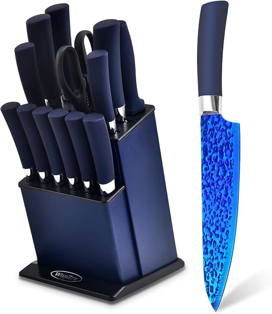 Rainbow Kitchen Knife Set Non Stick Knives Set with Block Thick Blade Cutlery Knife Block Sets Chef Sharp Quality for Home & Pro Use Best Gift (Blue Handle- Rugged Blue Blade)