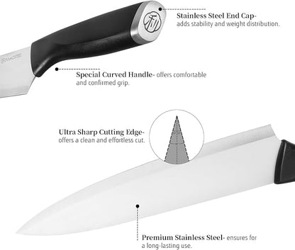 Black Knife Set with Wooden Block, 7 Pieces Sharp Knife Block Set with Stainless Steel Blade Ergonomic Handle, Dishwasher Safe Knives Set