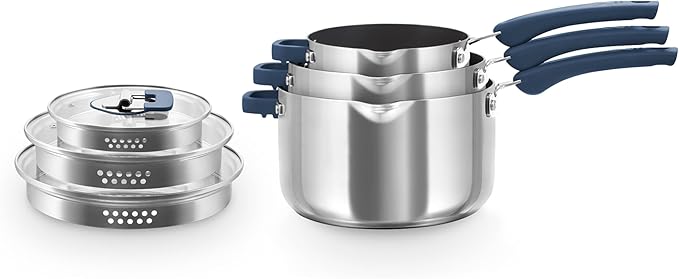 Zakarian x Dash TruPro® Nonstick Stainless Steel Stacking Sauce Pan Set - Compact Cookware Set for Everyday Cooking - Non-Stick, Space-Saving, and Oven-Safe - Blue, 6-Piece Set