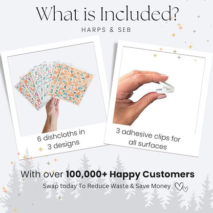 Harps&Seb Swedish Dishcloths for Kitchen Dishcloths - 6 Pack, Reusable Paper Towels with Clips, Super Absorbent Washable Non-Scratch Swedish Dish Towels, No Odor, Biodegradable