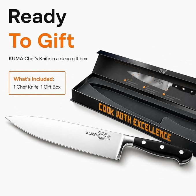 KUMA 8 Inch Chef Knife, Razor Sharp Stainless Steel Blade with Gift Box | ergonomic handle, balanced control, multipurpose kitchen prep, slice, chop, and dice vegetables, herbs, fruit, bonesless meat