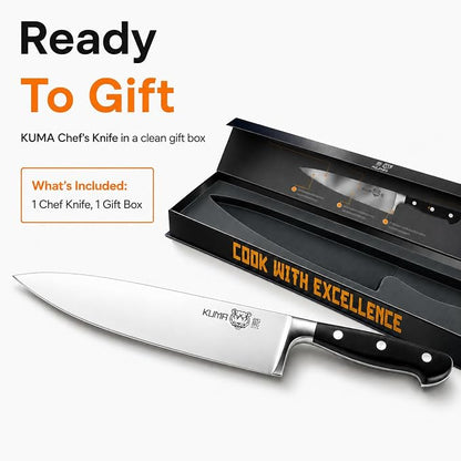 KUMA 8 Inch Chef Knife, Razor Sharp Stainless Steel Blade with Gift Box | ergonomic handle, balanced control, multipurpose kitchen prep, slice, chop, and dice vegetables, herbs, fruit, bonesless meat