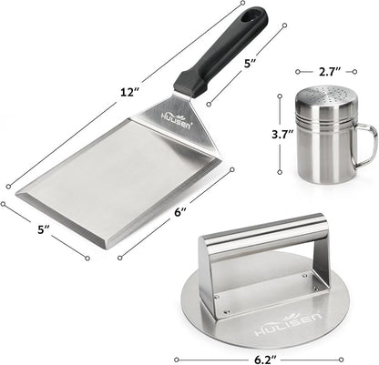 HULISEN Smashed Burger Kit, Stainless Steel Burger Press, Grill Spatula and Spice Dredge Shaker - Burger Smasher Griddle Accessories Kit for Flat Top Griddle Grill Cooking, Gift Package