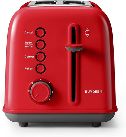 BUYDEEM DT620 2-Slice Toaster, 7 Shade Settings, Extra Wide 1.5'' Slots for Bagel & English Muffin, 6 Toasting Functions, Retro Stainless Steel Toaster with High Lift Lever, Red