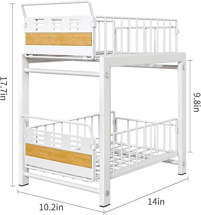 Under Sink Organizer, 2-Tier Pull Out Cabinet Organizer with Heavy-Duty Carbon Steel Slide-Out Basket Drawers, Stackable Multi-Purpose Storage Rack for Kitchen Pantry, Bathroom Vitamin Storage, White
