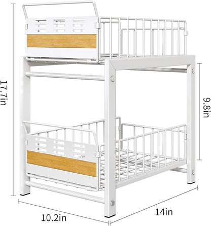 Under Sink Organizer, 2-Tier Pull Out Cabinet Organizer with Heavy-Duty Carbon Steel Slide-Out Basket Drawers, Stackable Multi-Purpose Storage Rack for Kitchen Pantry, Bathroom Vitamin Storage, White
