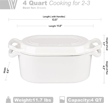 VORRINGARD Oval Dutch Oven Pot with Lid, Enamel Coating Cast Iron Bread Pans for Homemade Sourdough Bread Baking, Cooking, 4 Quart, White
