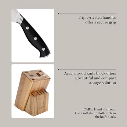 Martha Stewart Greeley Forged High Carbon Stainless Steel 14 Piece Knife Block Set, Black Kitchen Knife Set with Acacia Wood Block, Chef Knife, Bread Knife, Steak Knives