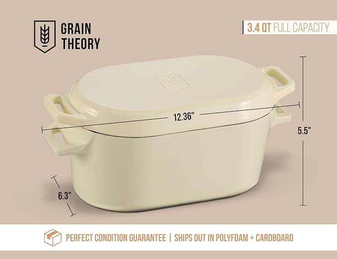 KooK Oval Loaf Shaped Cast Iron Dutch Oven for Bread Baking, 3.4 Qt Sourdough Dutch Oven with Lid, Enameled, Lid Lever, Dual Handles, Dishwasher Safe, 500°F Ivory