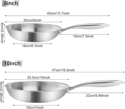 Stainless Steel Frying Pan Set 2 Piece, 8,10 Inch Tri-Ply Frying Pans Non Stick, Pots and Pans Set, Oven 500F & Dishwasher Safe, Classic Cooking Pan Cookware