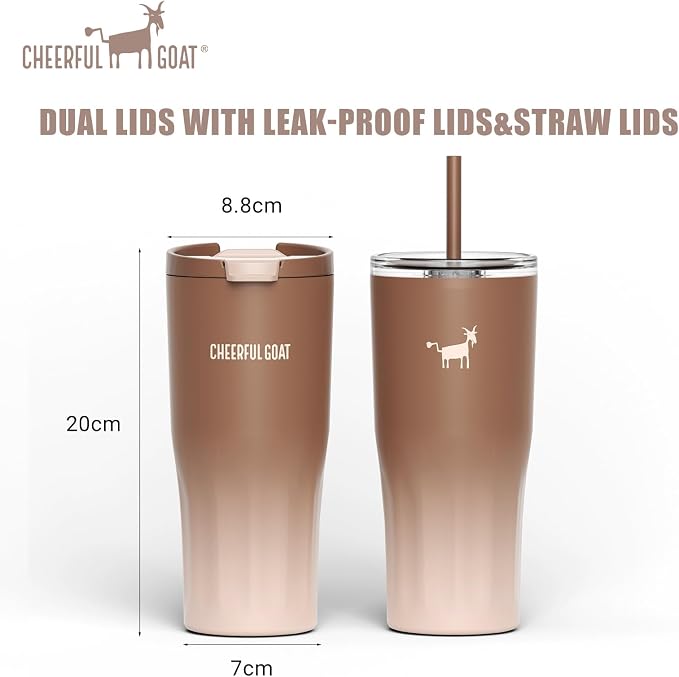 CHEERFUL GOAT Ceramic Lined Coffee Travel Tumbler - Stainless Steel Travel Mug with Ceramic Liner and Lid, 21 OZ Cup for Hot and Cold Beverages at Home or on the Go (Latte Ombre)